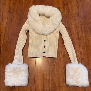Cream Faux Fur Trim Sweater Long Sleeves Cardigan Top XS